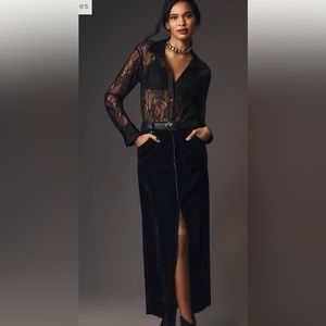 Anthropologie Pilcro Flocked Denim Maxi Skirt Velvety Slit Fray Black